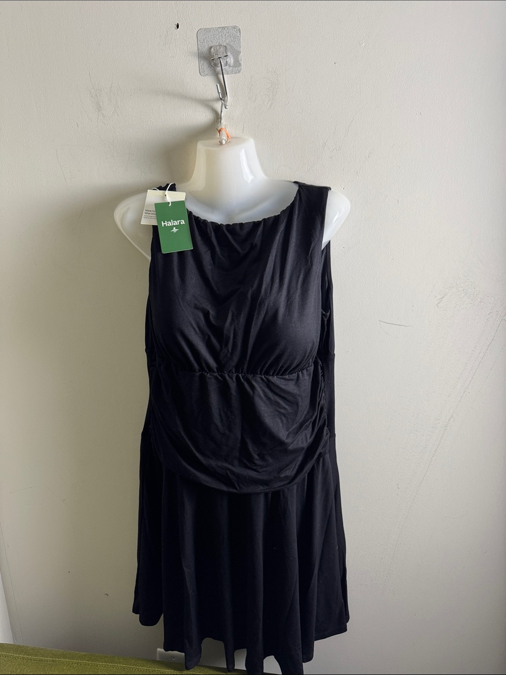 HALARA Black Sleeveless Midi Dress with Gathered Waist Detail
